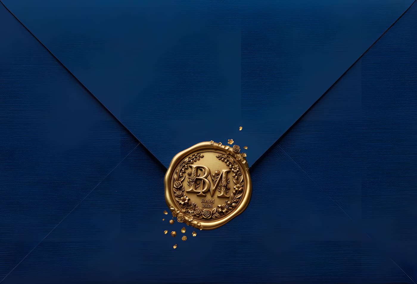 A navy blue envelope sealed with a gold wax stamp